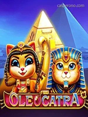 Katt i egyptisk kostyme ved siden av gullpyramide og slott